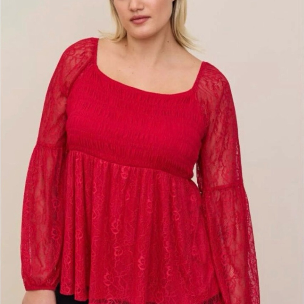 Torrid Babydoll Stretch Lace Smocked Bodice Square Neck Blouse Size 2, 18/20